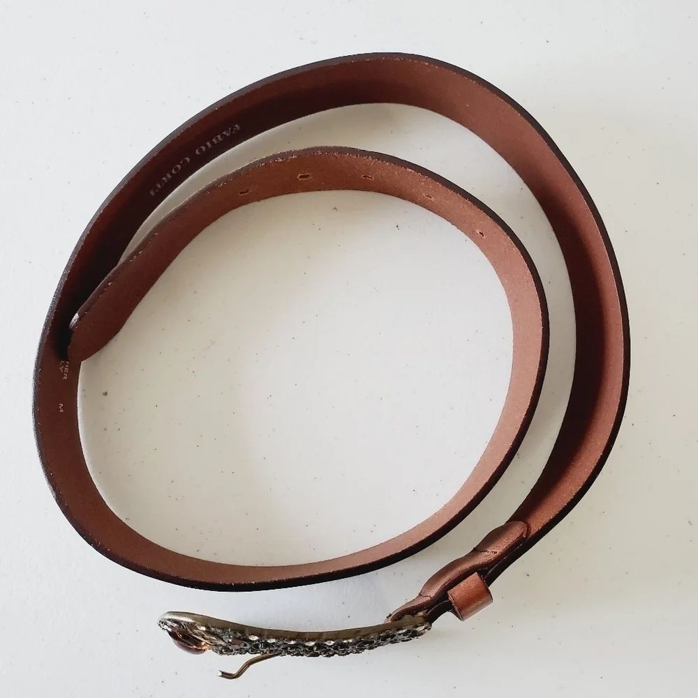 Fabio Corti Genuine Leather Belt Brown Jeweled Beaded Oversized Buckle‎ Italy